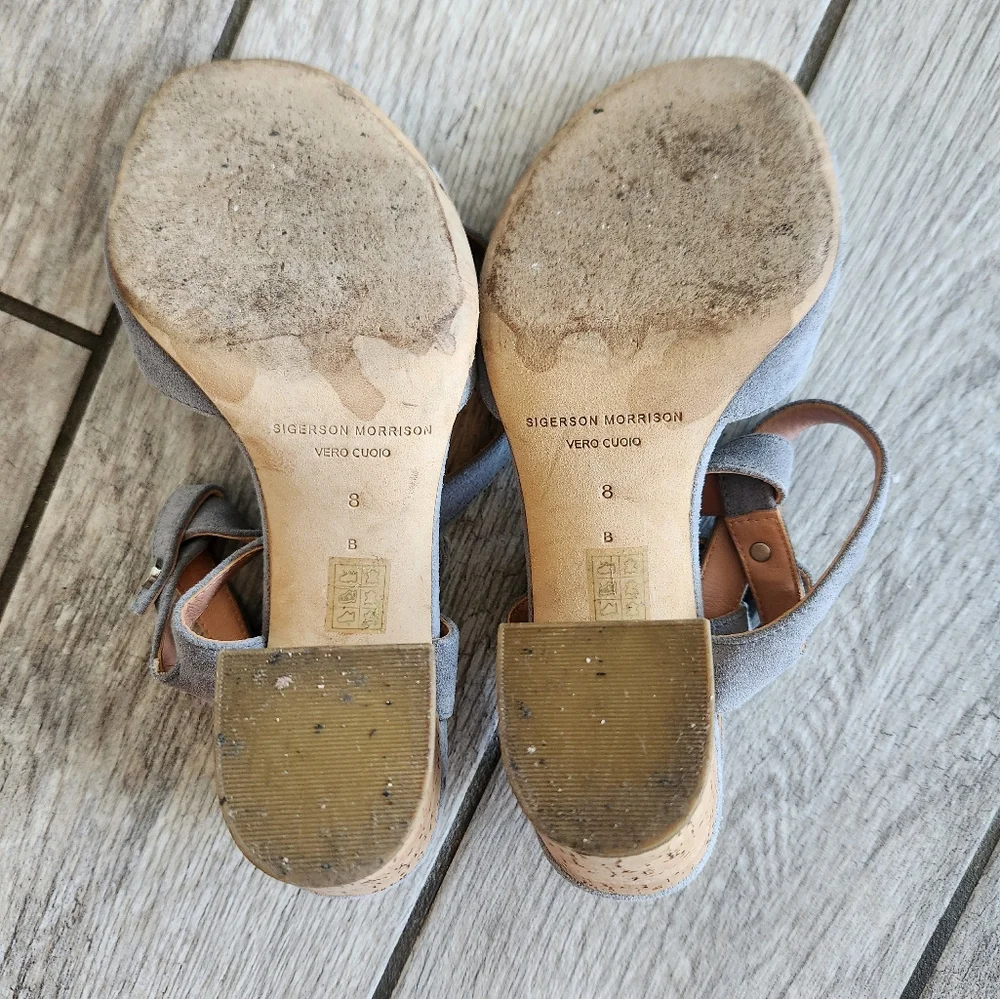 Sigerson Morrison Strappy‎ Sandals Sz 8 Cork Block Heels Padded insole Open Toe